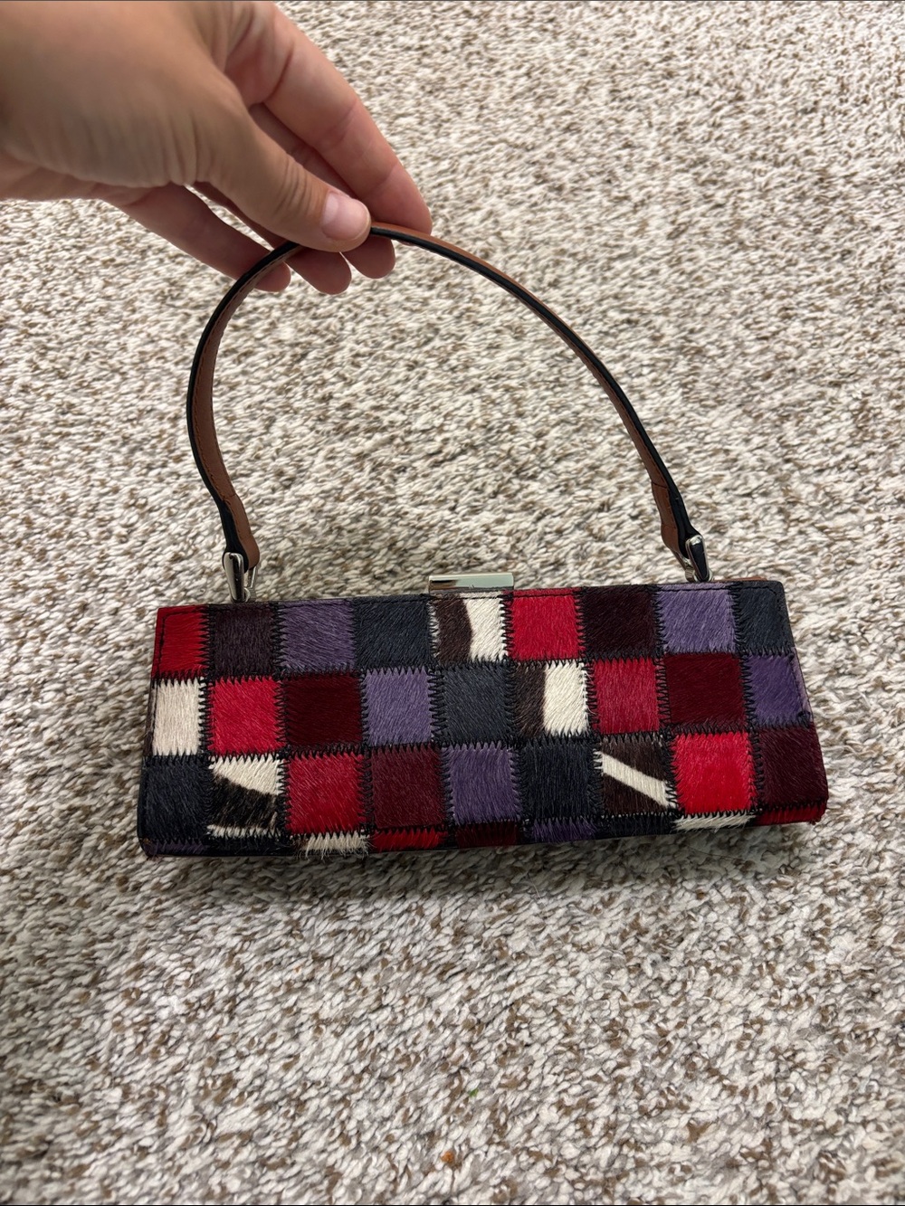 Adrienne Vittadini leather calf-hair patchwork handbag